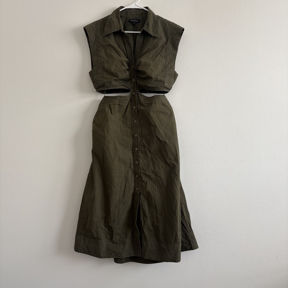 Banana Republic Yasmin‎ Cutout Shirt Dress Size 12 Olive Green Pockets